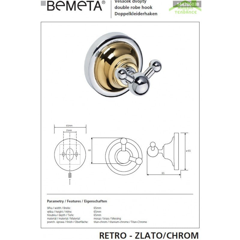 Appendiabiti doppio RETRO in ottone cromo-oro 6,5x6,5x6,5 cm