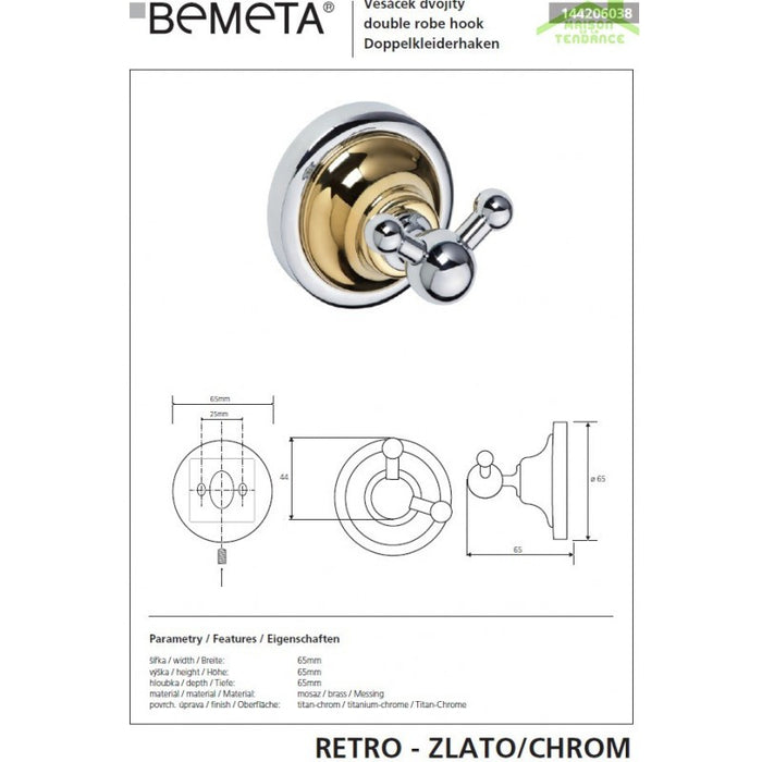 Appendiabiti doppio RETRO in ottone cromo-oro 6,5x6,5x6,5 cm