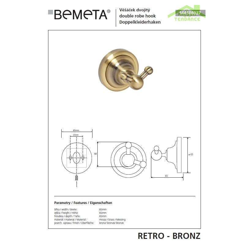 Gancio da parete doppio RETRO in ottone 6,5x6,5x6,5 cm