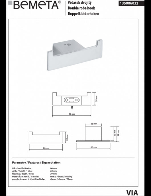 Appendiabiti doppio VIA ottone cromato 8 x 2,8 x 3,9 cm