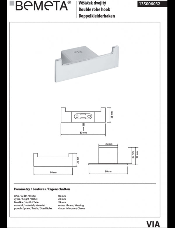 Appendiabiti doppio VIA ottone cromato 8 x 2,8 x 3,9 cm