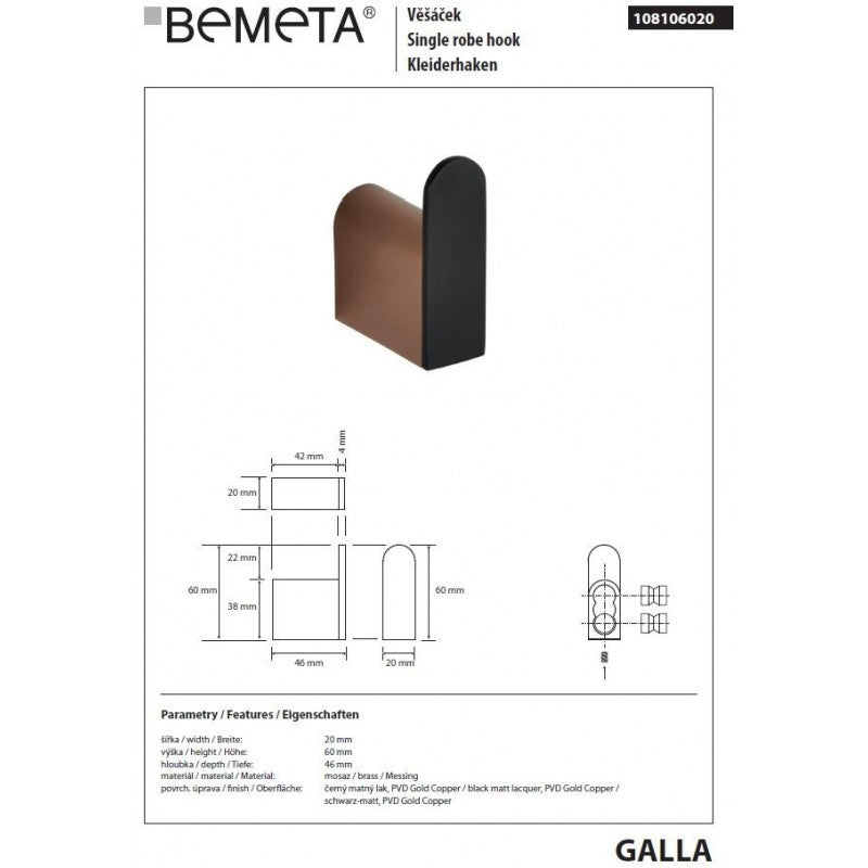 GALLA gancio da parete in ottone nero e oro 6 x4,6 x2 cm