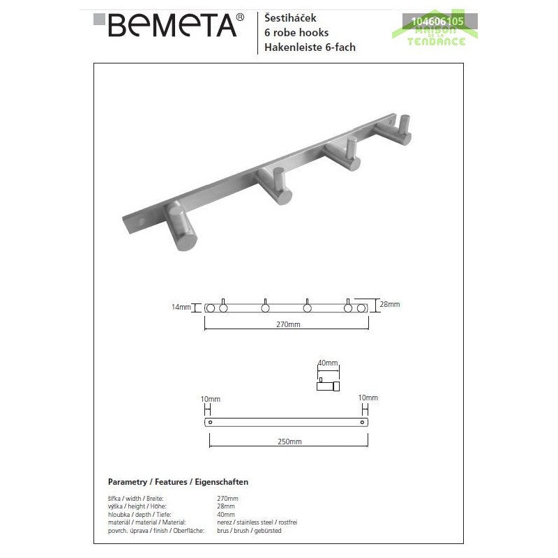 Appendiabiti quadruplo NEO in acciaio inox 27 x2,8 x4 cm