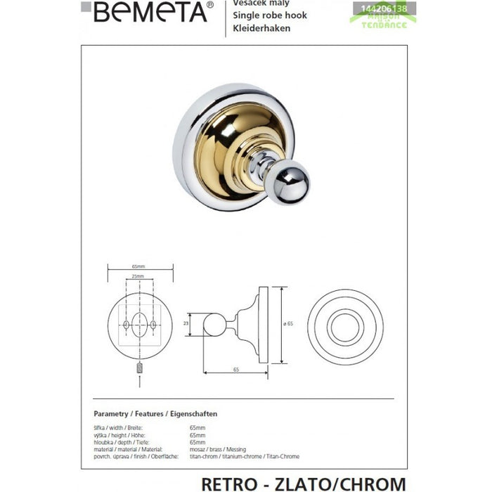 Appendiabiti RETRO in ottone cromo-oro 6,5x6,5x6,5 cm
