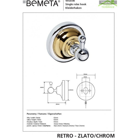 Appendiabiti singolo RETRO in ottone cromo-oro 6,5x6,5x6,5 cm