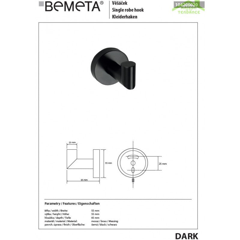 Appendiabiti singolo da parete DARK in ottone nero 5,5cm x 5,5cm x 6,5cm