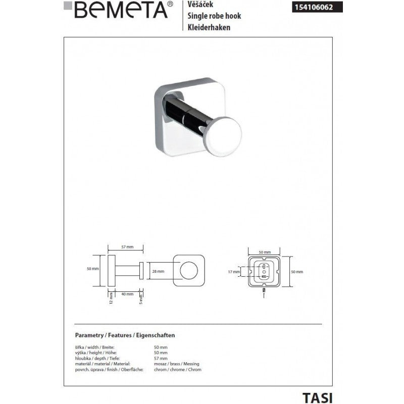 Gancio da parete singolo TASI in ottone cromato 5 x5 x5 x5,7 cm