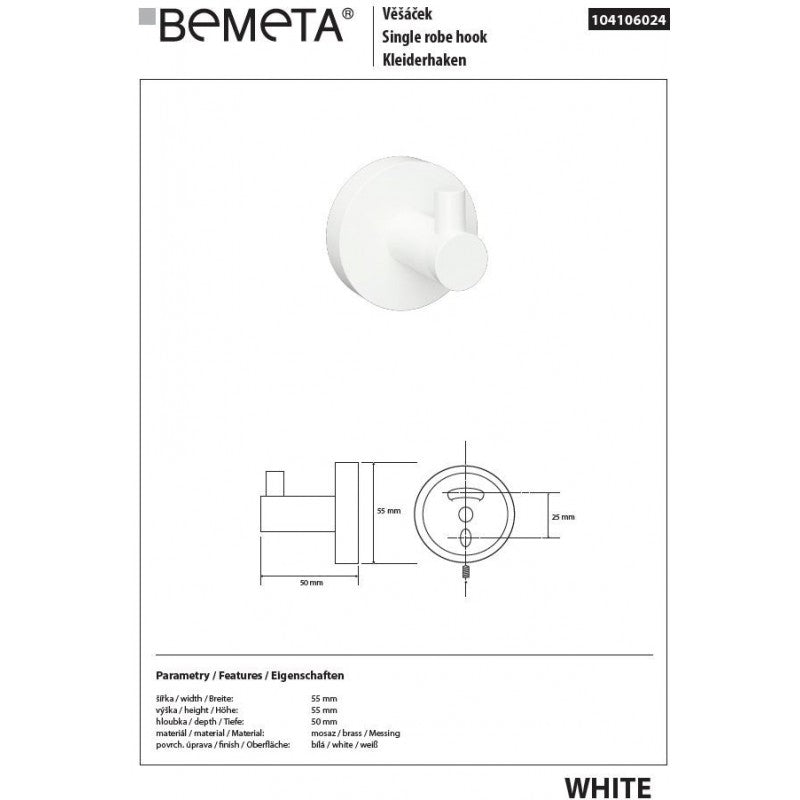Appendiabiti singolo da parete BIANCO in ottone bianco 5,5cm