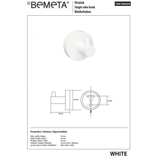 Appendiabiti singolo da parete BIANCO in ottone bianco 5,5cm