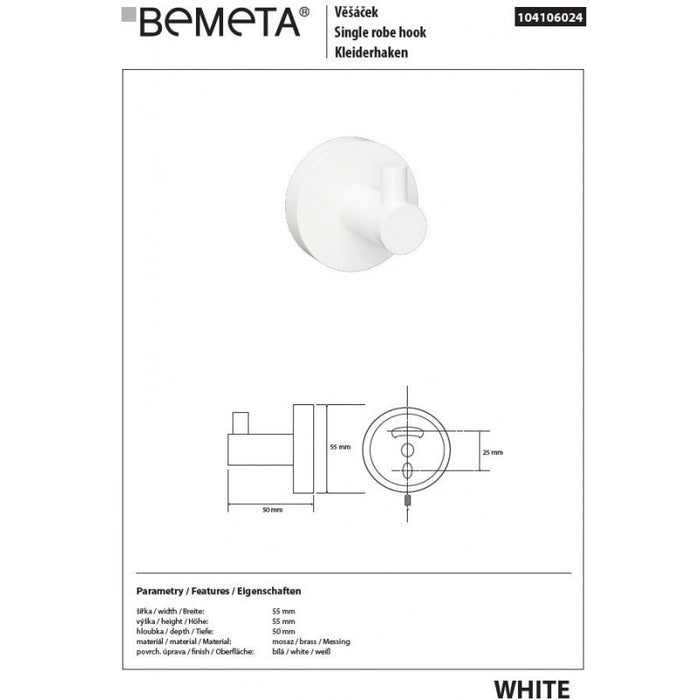 Appendiabiti singolo da parete BIANCO in ottone bianco 5,5cm