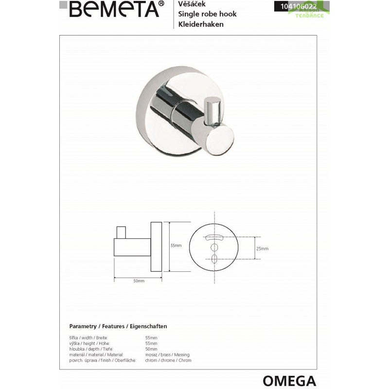 Appendiabiti singolo OMEGA in ottone cromato 5,5x5,5x5cm