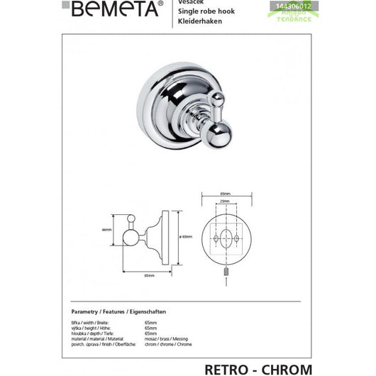 Appendiabiti singolo RETRO in ottone cromato 6,5x6,5x6,5 cm