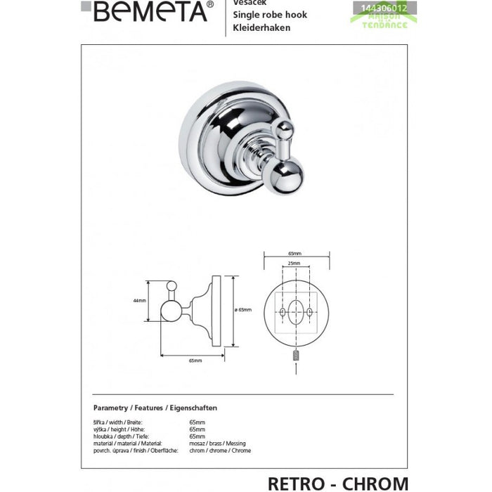 Appendiabiti singolo RETRO in ottone cromato 6,5x6,5x6,5 cm