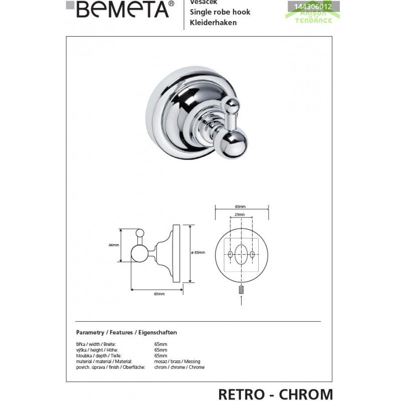 Appendiabiti singolo RETRO in ottone cromato 6,5x6,5x6,5 cm