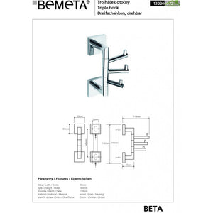 Gancio girevole triplo da parete BETA in ottone cromato 5,5cmx 19cmx11cm