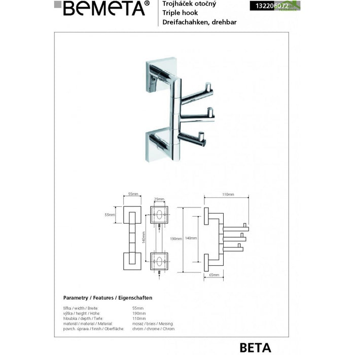 Gancio girevole triplo da parete BETA in ottone cromato 5,5cmx 19cmx11cm