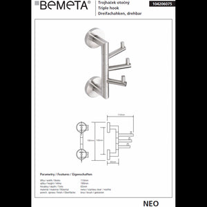 NEO Gancio Cappotto Triplo Rotante in Acciaio Inox 7x19x10cm