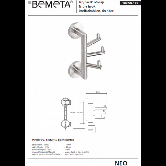 NEO Gancio Cappotto Triplo Rotante in Acciaio Inox 7x19x10cm