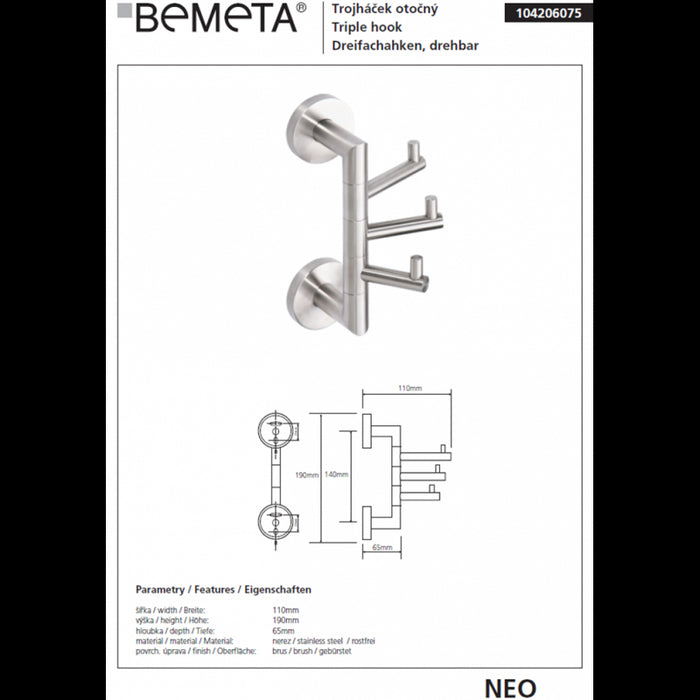 NEO Gancio Cappotto Triplo Rotante in Acciaio Inox 7x19x10cm