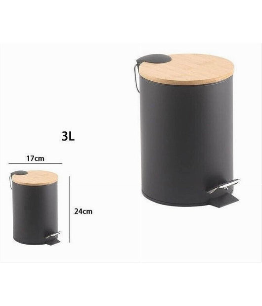 Pattumiera Acciaio A Pedale 3 Litri Bidone Cestino Spazzatura Nero Legno 87457         