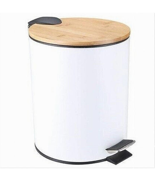 Pattumiera Acciaio A Pedale 5 Litri Bidone Cestino Spazzatura Bianco Legno 87456         