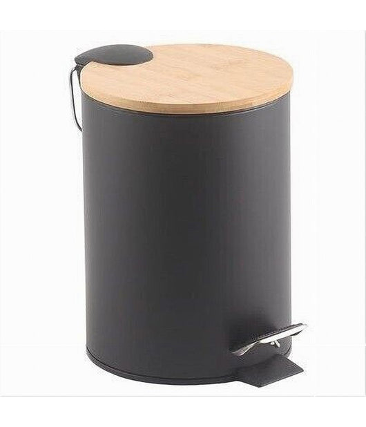 Pattumiera Acciaio A Pedale 5 Litri Bidone Cestino Spazzatura Nero Legno 87458         