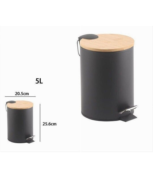 Pattumiera Acciaio A Pedale 5 Litri Bidone Cestino Spazzatura Nero Legno 87458         