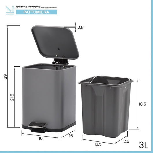 Pattumiera bagno 3lt in acciaio grigio con apertura a pedale e cesto estraibile