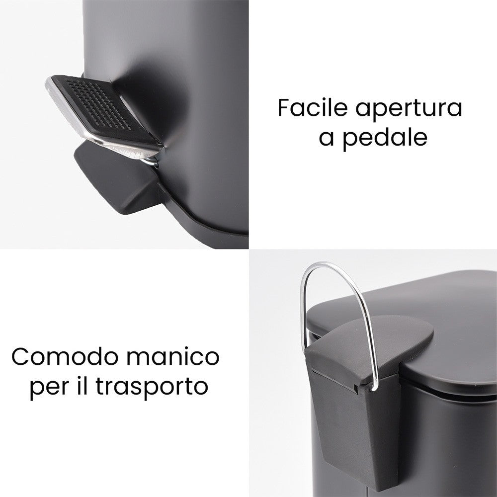 Pattumiera bagno 3lt in acciaio nero con pedale e secchio estraibile