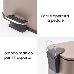 Pattumiera bagno 3lt in acciaio tortora con apertura a pedale e cesto estraibile