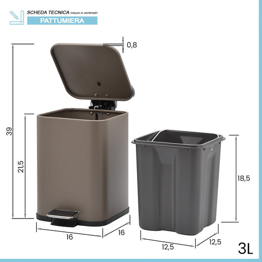 Pattumiera bagno 3lt in acciaio tortora con apertura a pedale e cesto estraibile