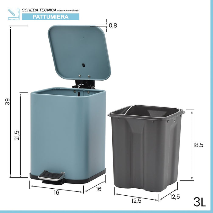 Pattumiera bagno 3lt in acciaio turchese pastello con secchio estraibile