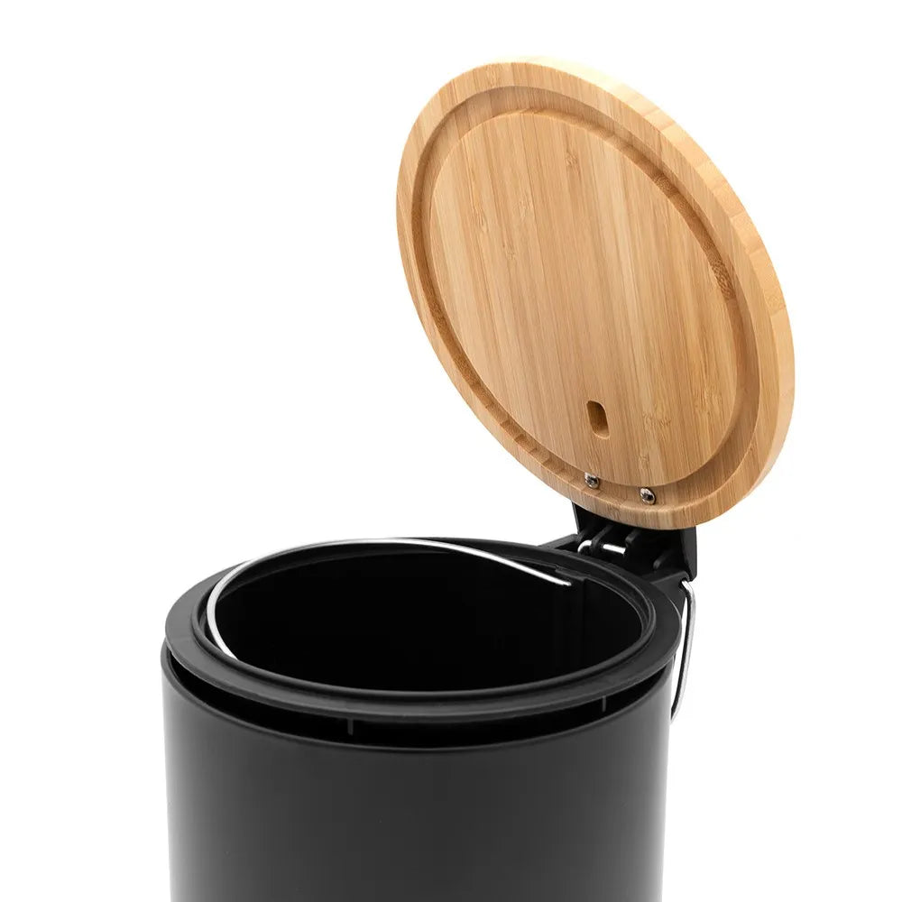 Pattumiera bagno con pedale in acciaio nero opaco e bambù 3 Lt Haiti