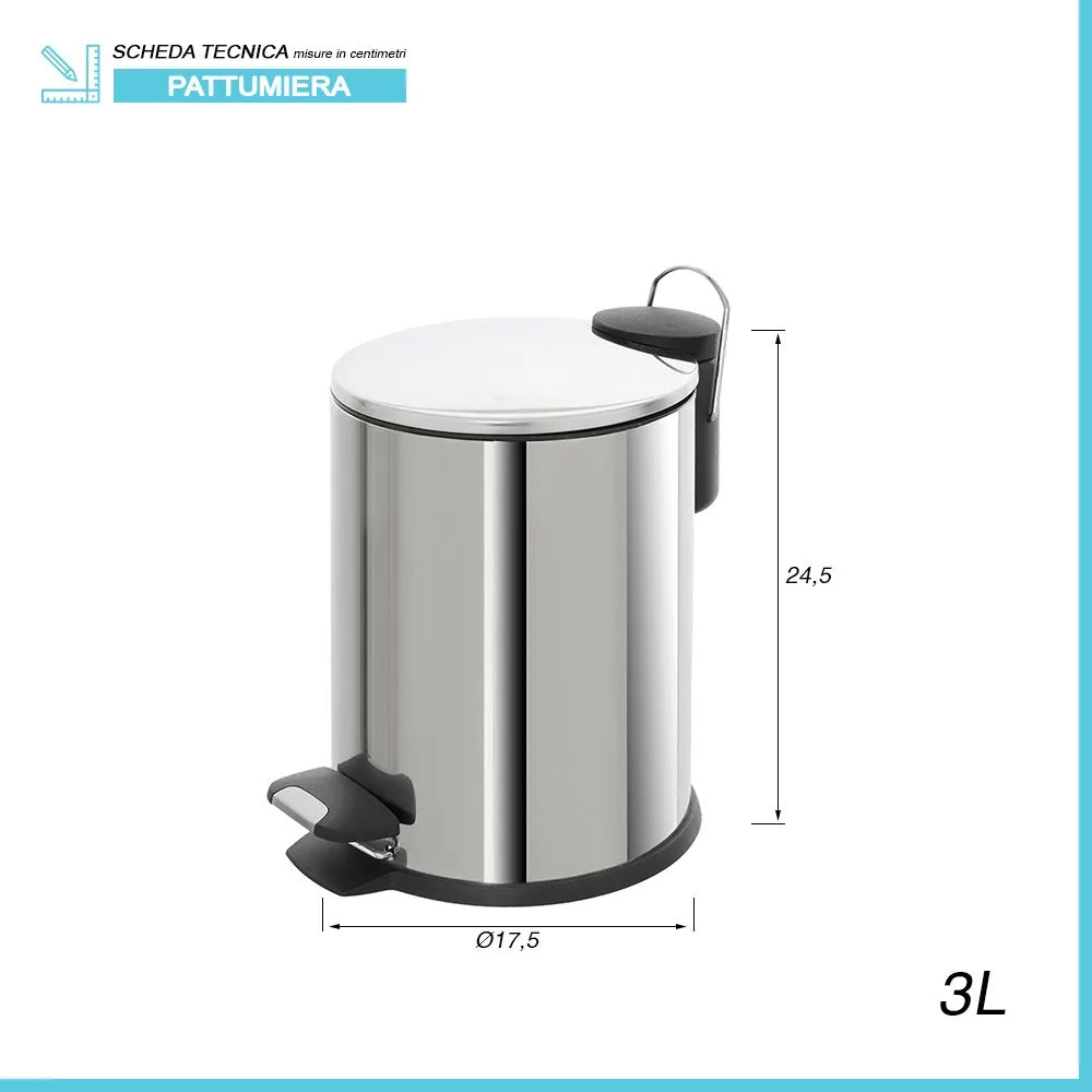 Pattumiera bagno in acciaio cromato con pedale e coperchio slim 3 lt