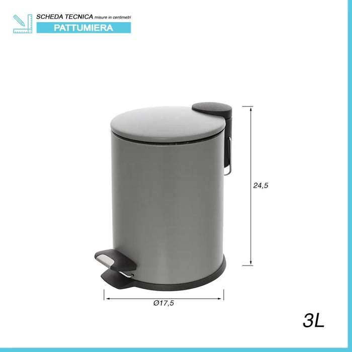 Pattumiera bagno in acciaio grigio con pedale e coperchio slim 3 lt