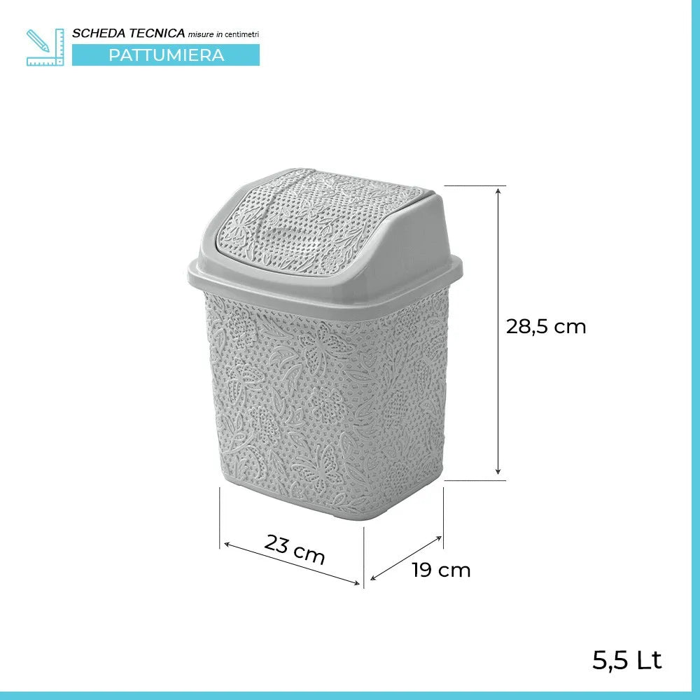 Pattumiera bagno in plastica grigia capienza 5,5 lt con coperchio basculante
