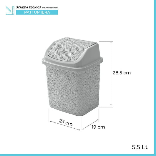 Pattumiera bagno in plastica grigia capienza 5,5 lt con coperchio basculante