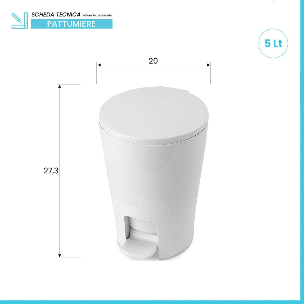 Pattumiera Gettacarte Bianca 5 litri con pedale e coperchio in ABS