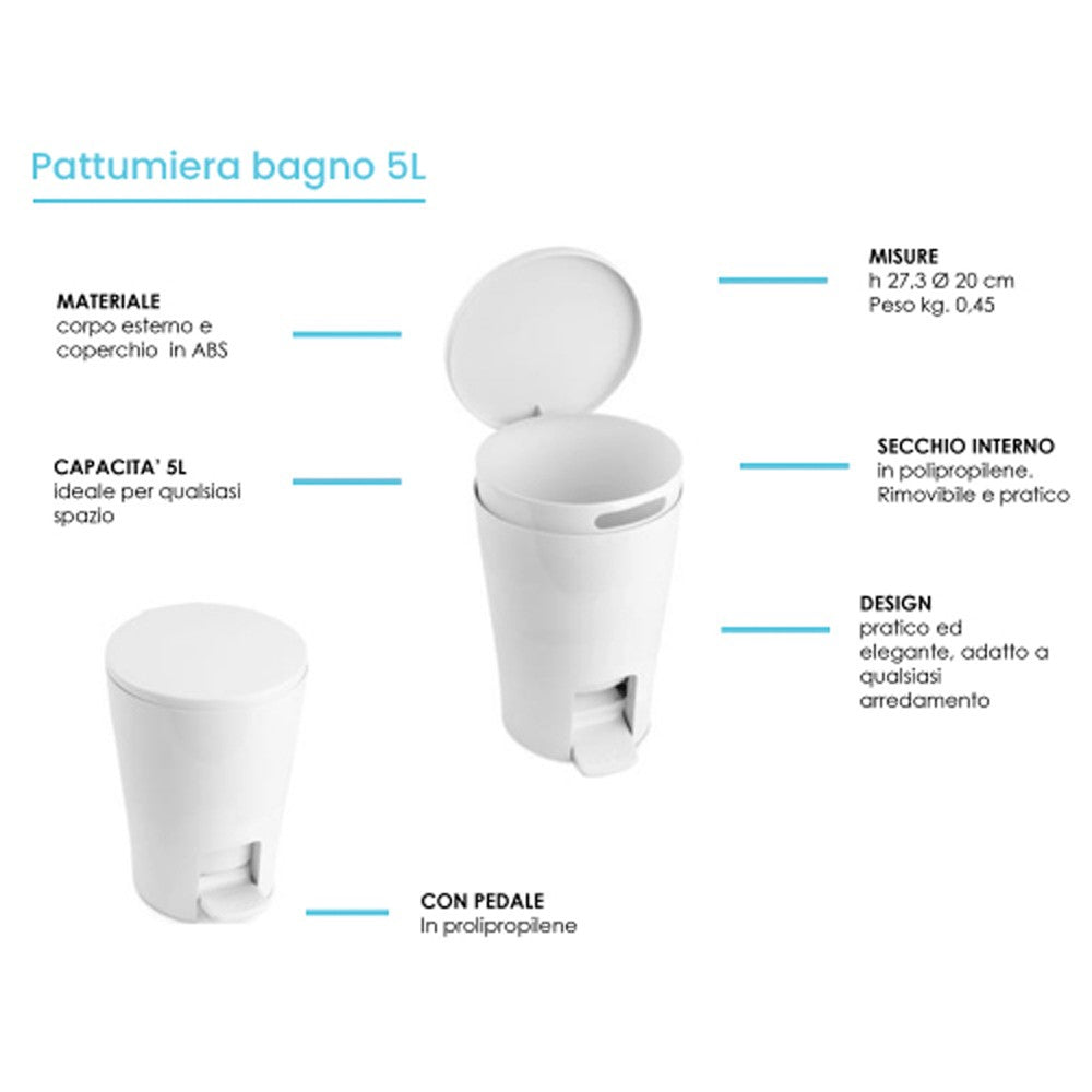 Pattumiera Gettacarte Bianca 5 litri con pedale e coperchio in ABS