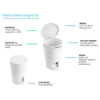 Pattumiera Gettacarte Bianca 5 litri con pedale e coperchio in ABS