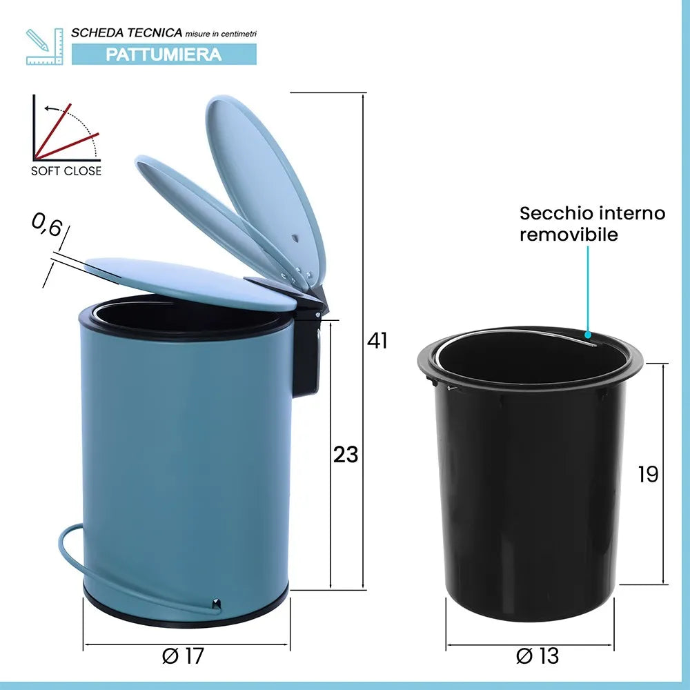 Pattumiera in acciaio blu soft-close con secchio estraibile Spring