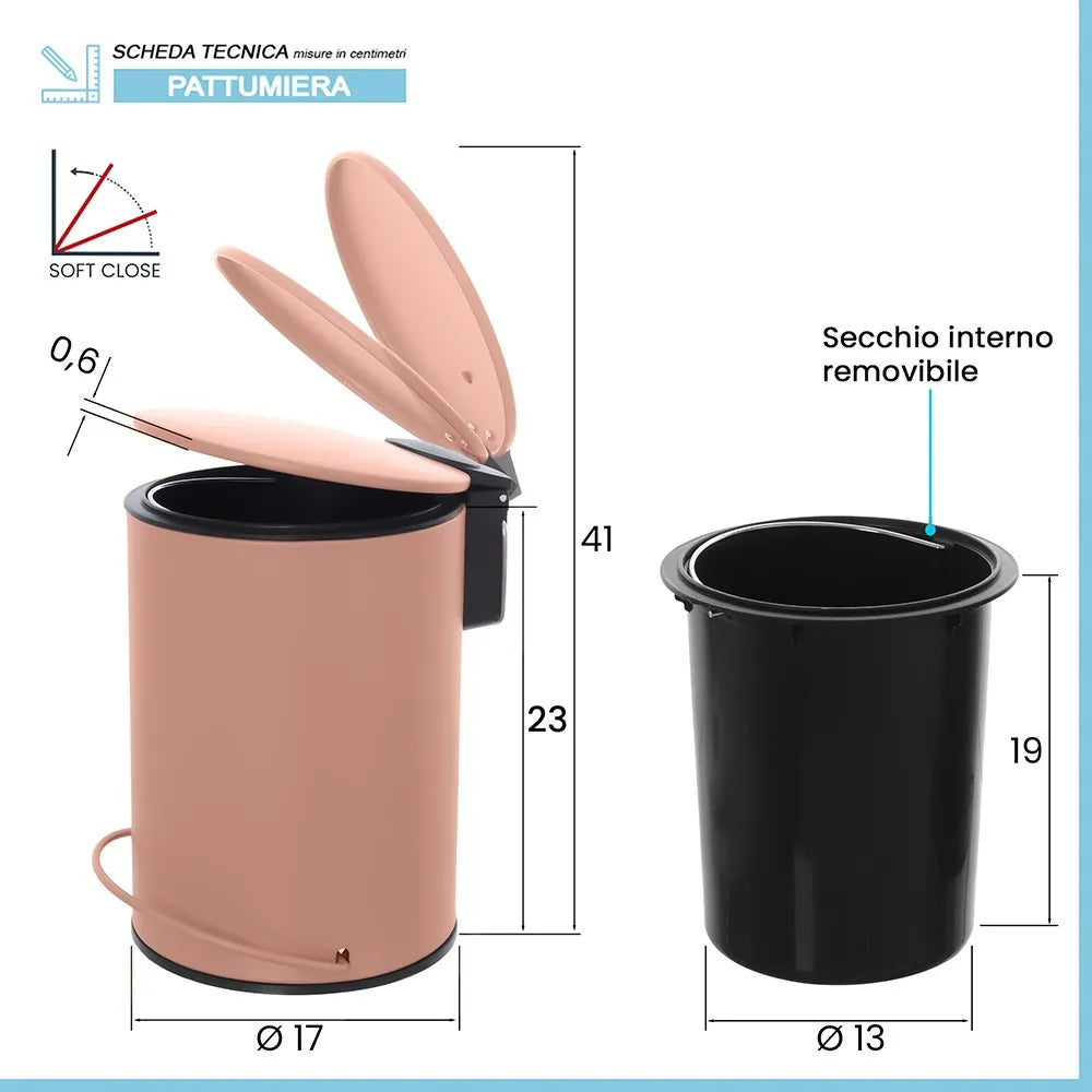 Pattumiera in acciaio rosa soft-close con secchio estraibile Spring