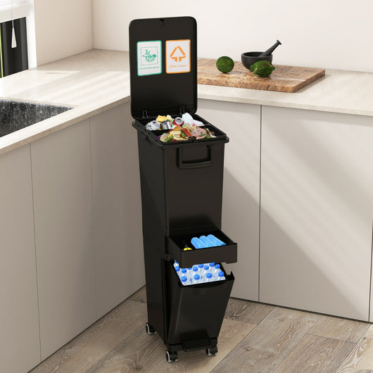 Bidone di spazzatura con cestino inclinato con 2 scomparti superiori, Pattumiera con pedale in plastica per cucina Nero-Organizzazione della cucina