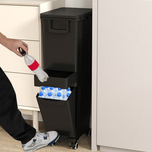 Bidone di spazzatura con cestino inclinato con 2 scomparti superiori, Pattumiera con pedale in plastica per cucina Nero-Organizzazione della cucina