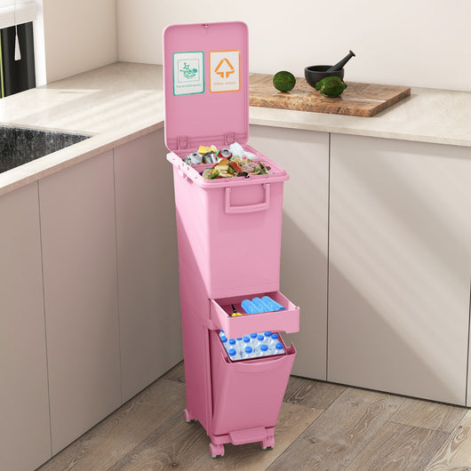Bidone di spazzatura con cestino inclinato con 2 scomparti superiori, Pattumiera con pedale in plastica per cucina Rosa-Organizzazione della cucina