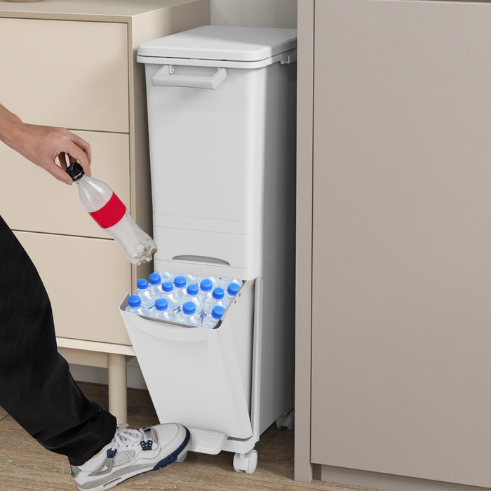 Pattumiera 3 in 1con 2 cassetti 2 scomparti superiori e adesivi per la classificazione-Cestino per rifiuti a pedale 40x26x84cm Bianco