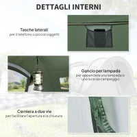 Tenda da Campeggio Pop Up 2 Posti con 2 Porte, 4 Finestre e Telo Impermeabile, 263.5x220x123 cm, Verde Scuro