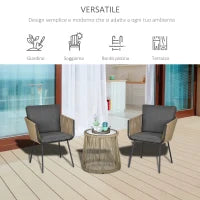 Set 2 Poltroncine con Tavolino da Esterno in Rattan PE Stile Boho, Cachi e Grigio