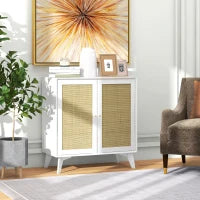 Buffet alto mobile da archiviazione design bohémien doppie porte con 2 livelli, facciata in rattan 80 x 40 x 85 cm bianco