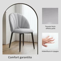Set 2 Sedie da Pranzo in Pelle PU con Gambe in Metallo e Schienale a Conchiglia, Grigio Chiaro